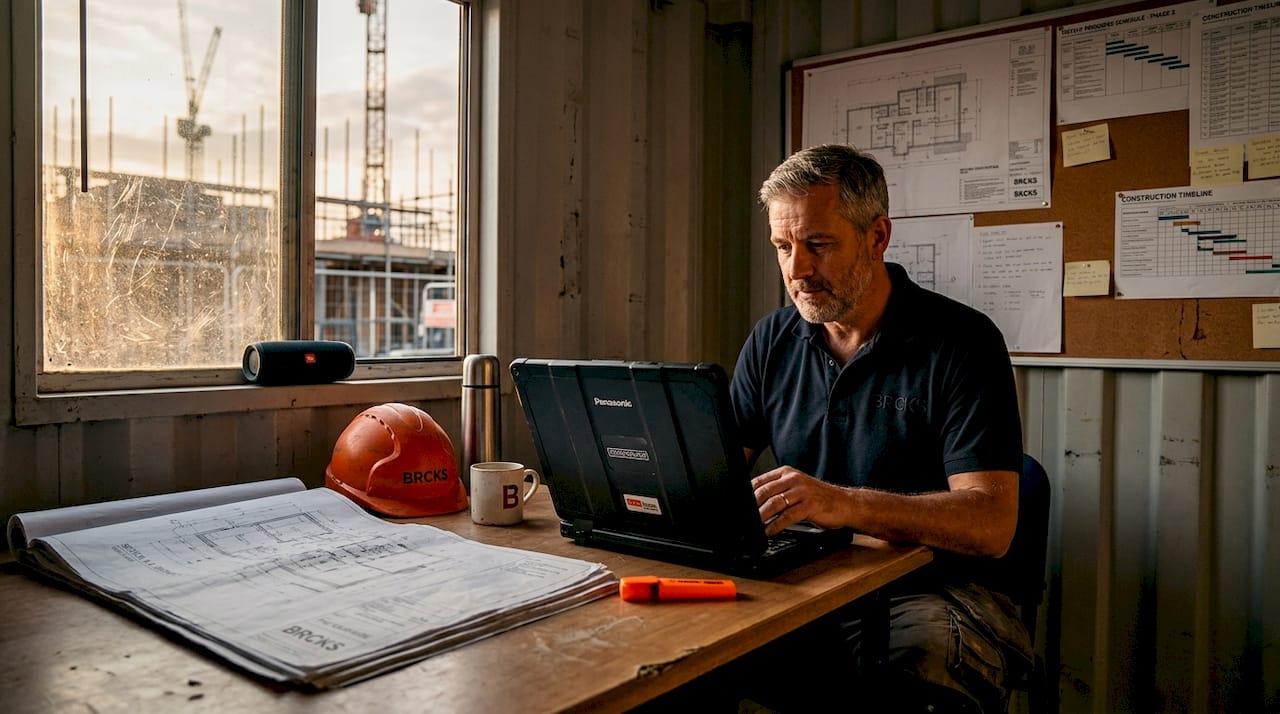 Construction site manager reviewing files in site office