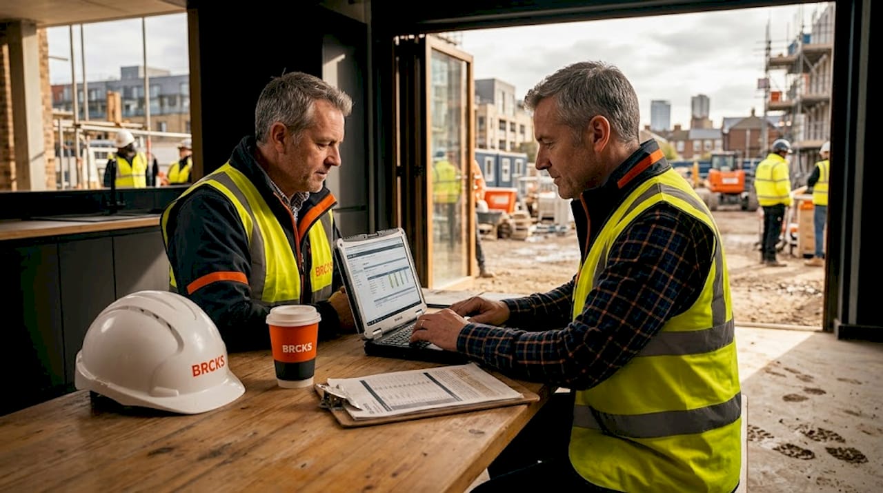 Site manager reviewing digital construction report