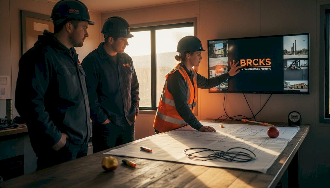 Team reviewing construction site imagery on monitor