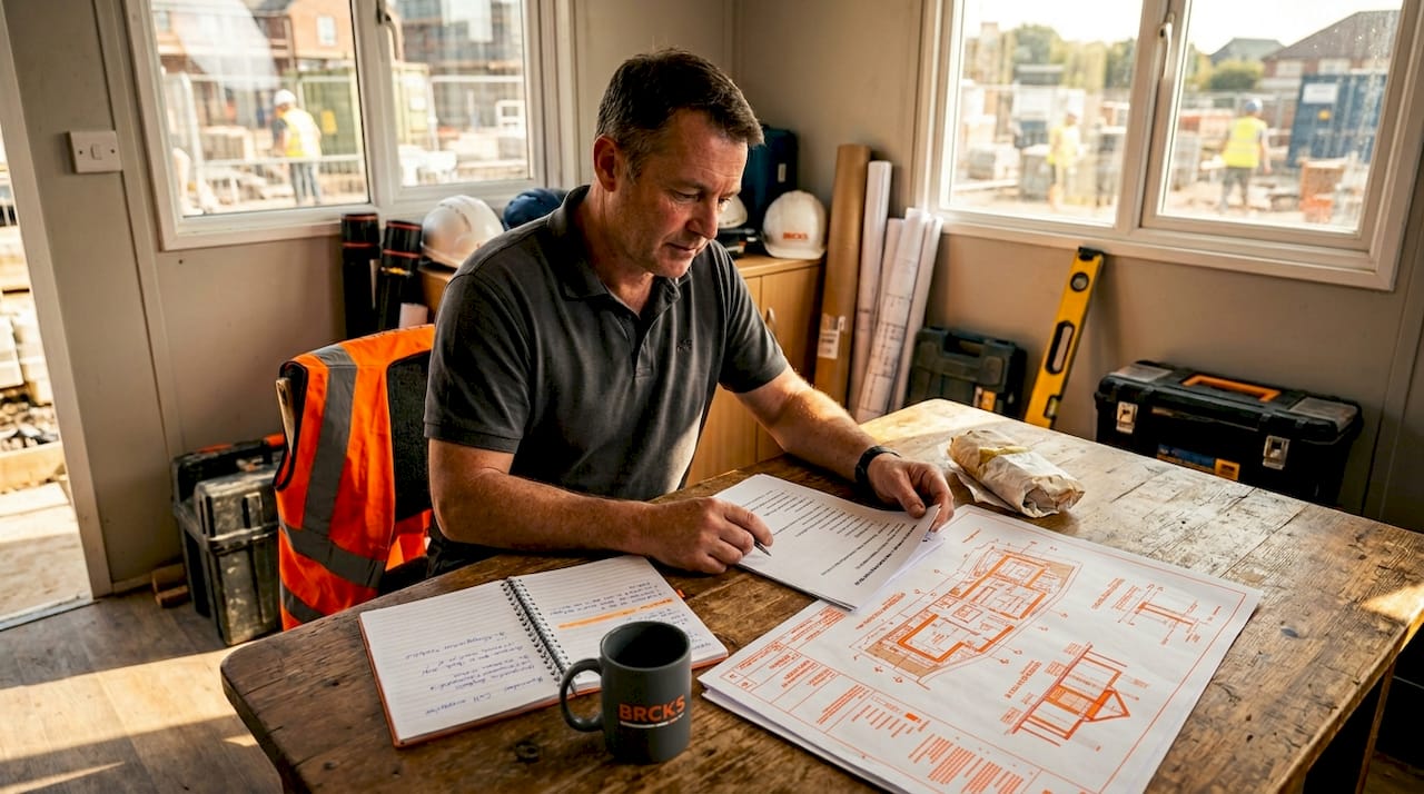 Contractor reviewing meeting agenda in office