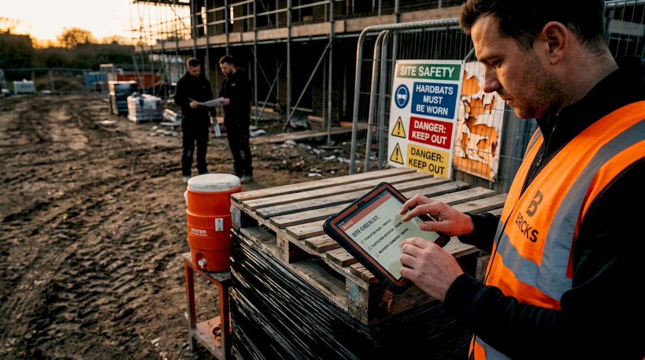 Construction supervisor using tablet for site task tracking