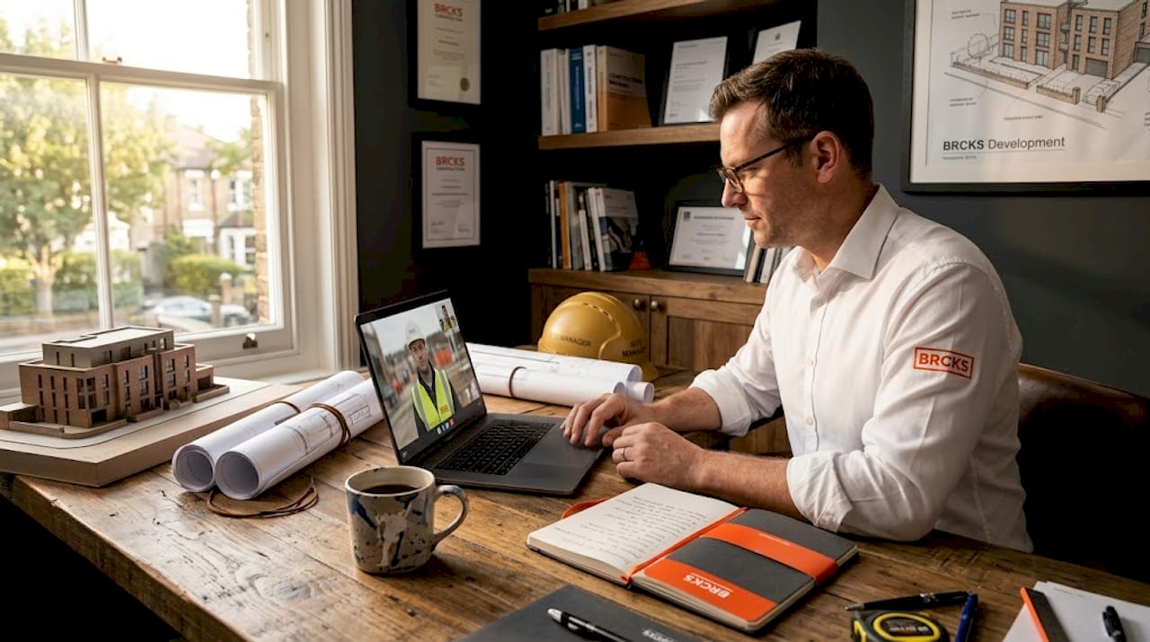 Remote construction manager on video call at home office