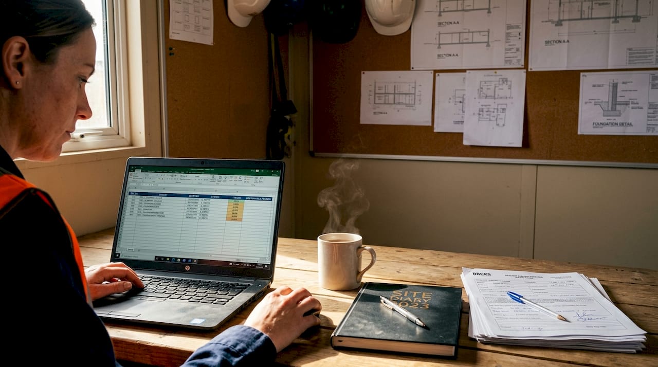 Administrator updating RFI log at site office table