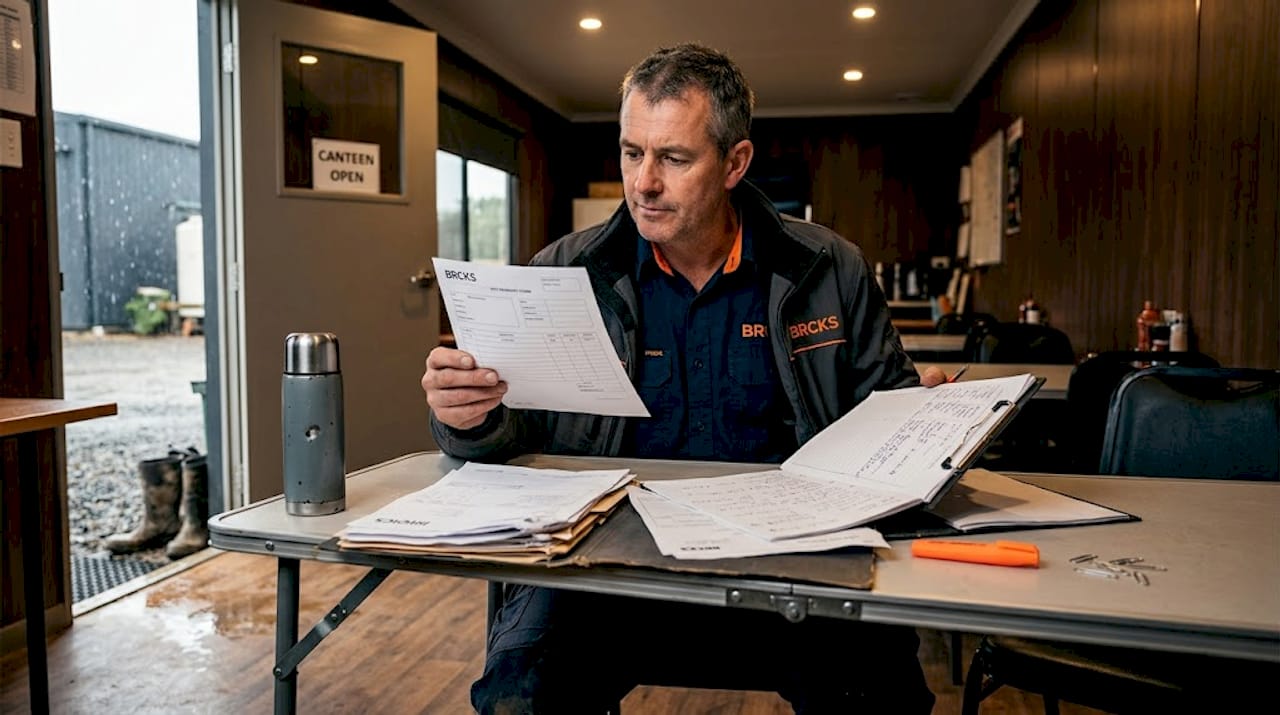 Foreman sorting construction paperwork in site canteen