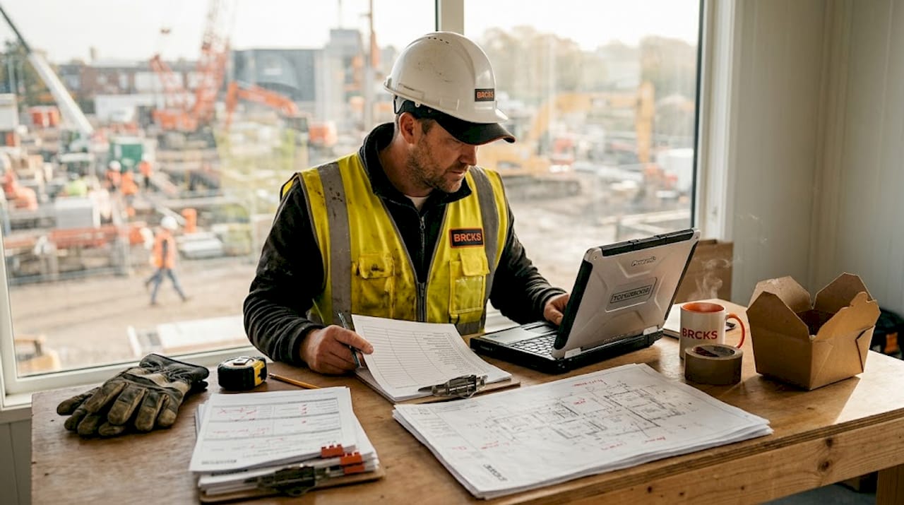 Construction manager at site office reviewing workflow