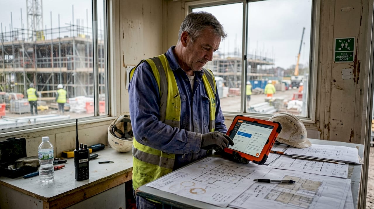 Site manager using tablet in construction office