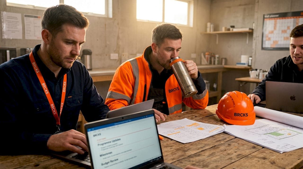 Construction team using laptops for remote project meeting