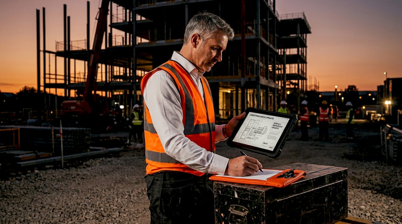 Site manager reviewing cloud plans on tablet