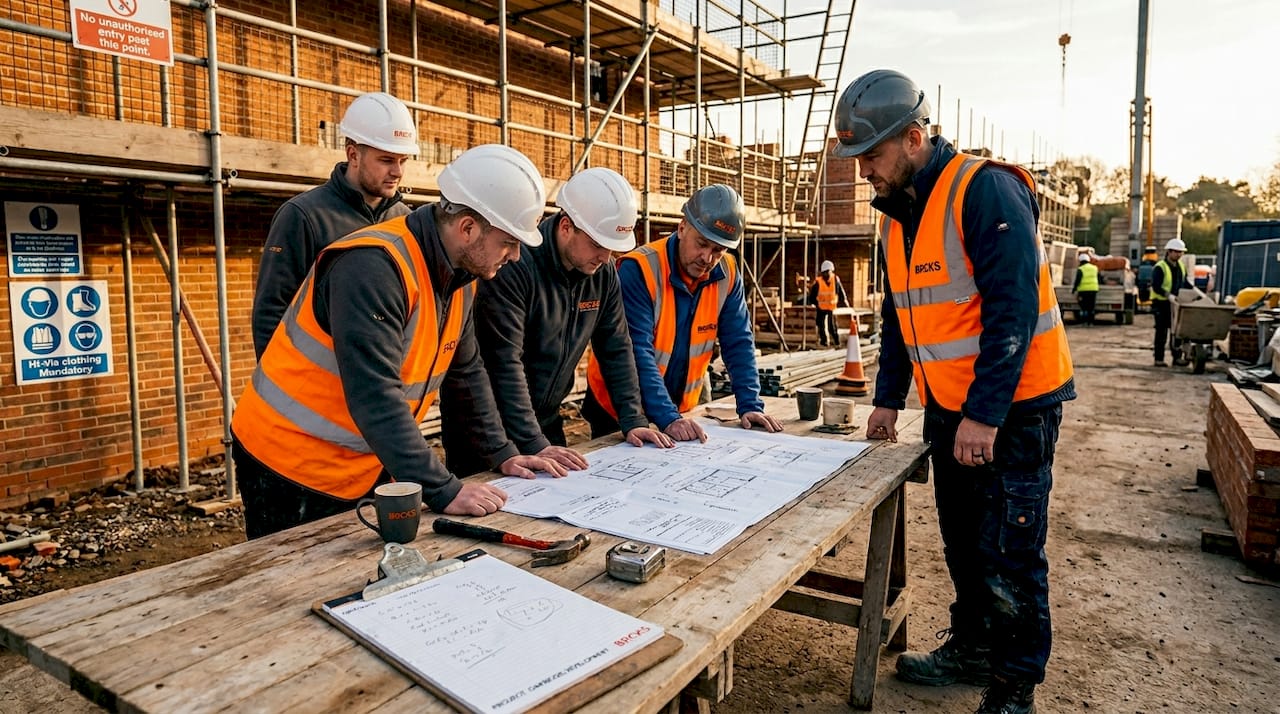 Site team gathering around blueprints in discussion
