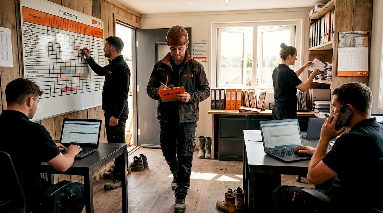 Construction site team coordinating in temporary office