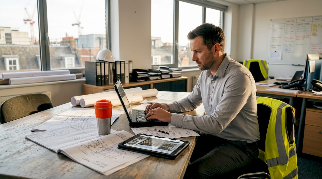 Project manager reviewing construction data in office