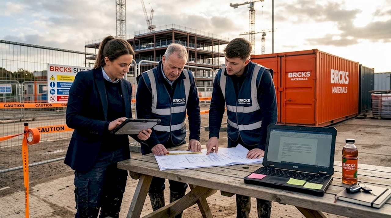 Construction team collaborating with digital tools