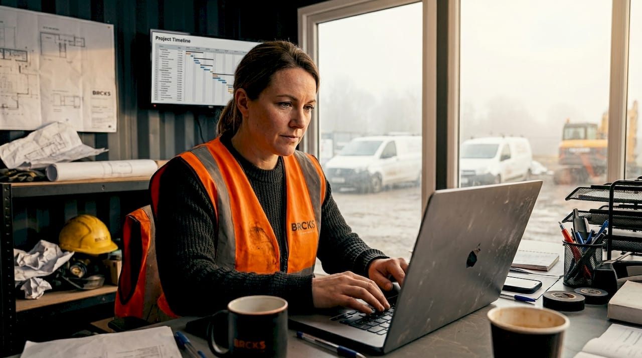 Manager updating digital workflow in site office