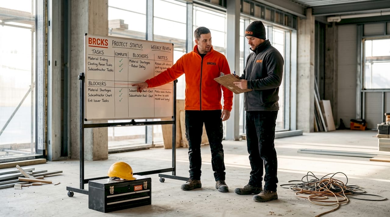 Foremen discussing project status on site whiteboard