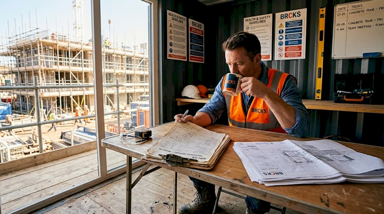 Construction manager reviewing project update inside site office