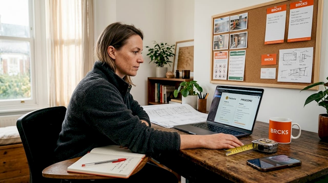 Contractor comparing construction apps at desk