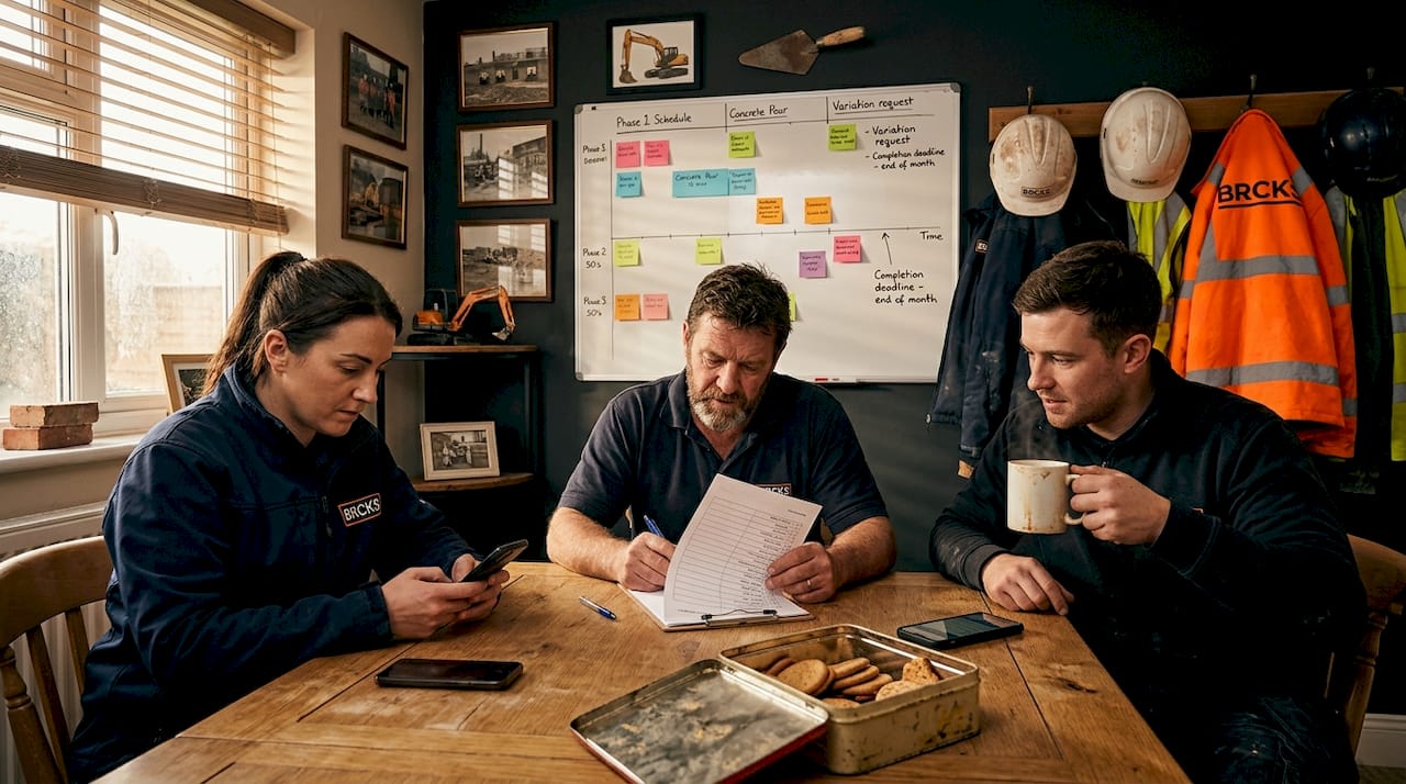 Tradespeople managing tasks with WhatsApp in office