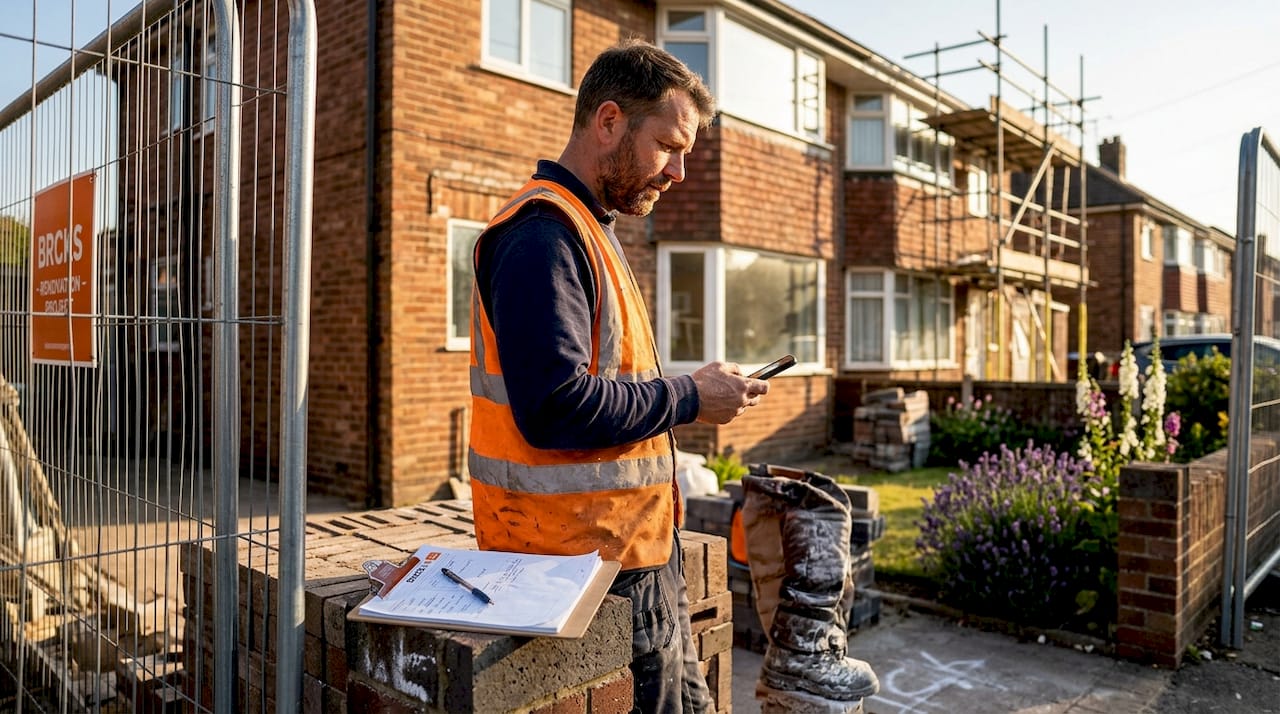 Site manager checking WhatsApp on construction site