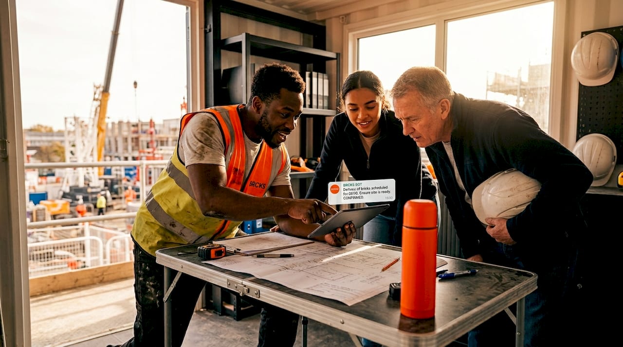 Construction workers reviewing WhatsApp bot messages