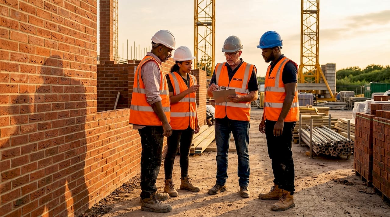 Construction team discussing update checklist onsite