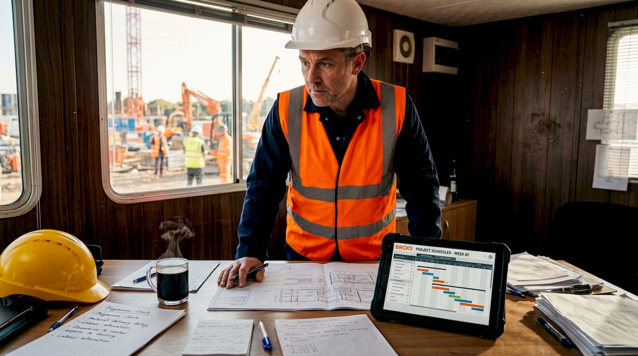 Site manager reviewing project update documents