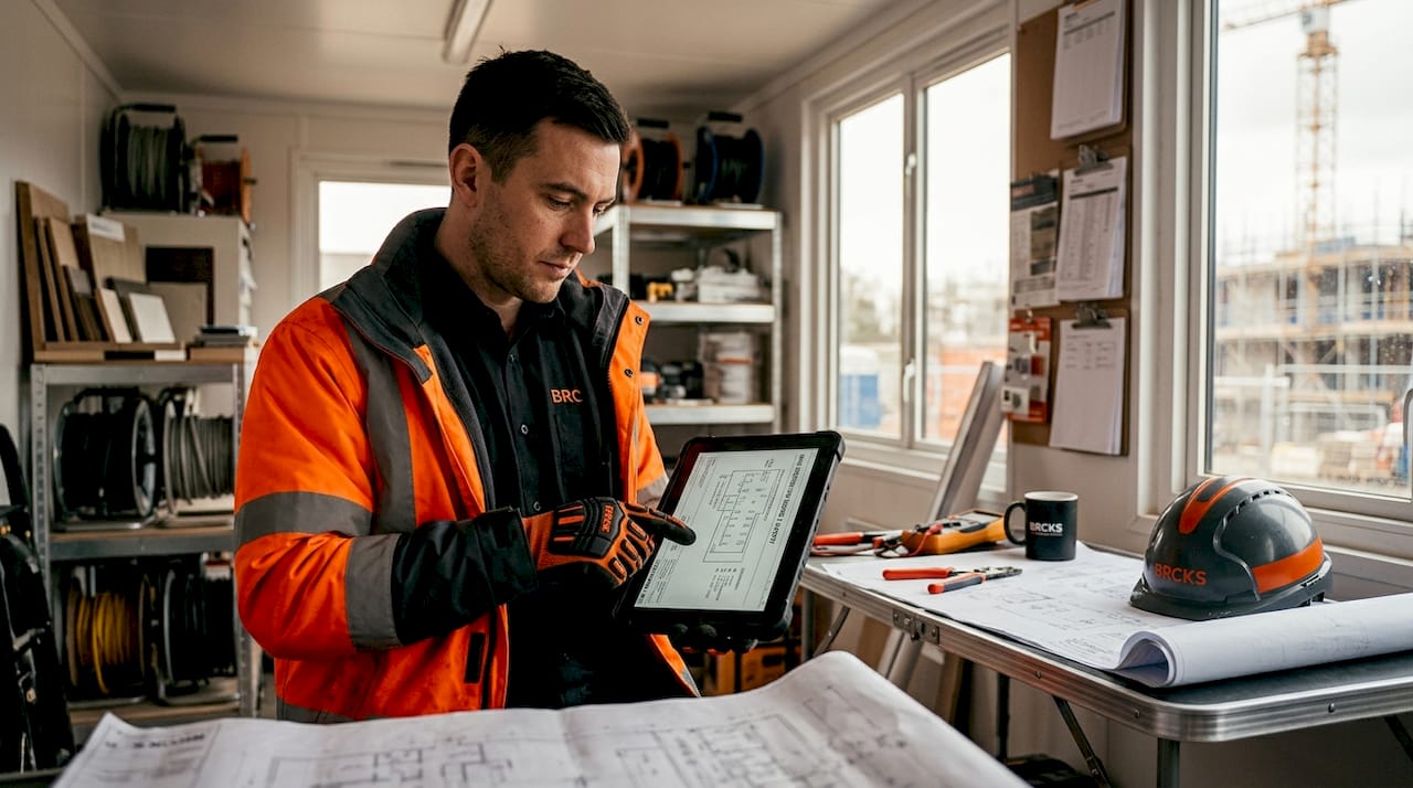 Electrical technician updating project on tablet