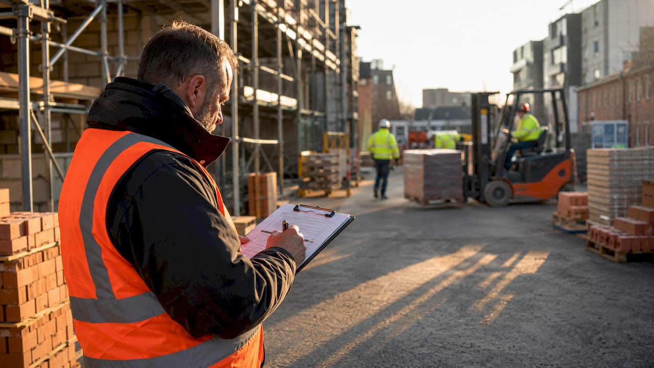 Site manager checking task documents onsite