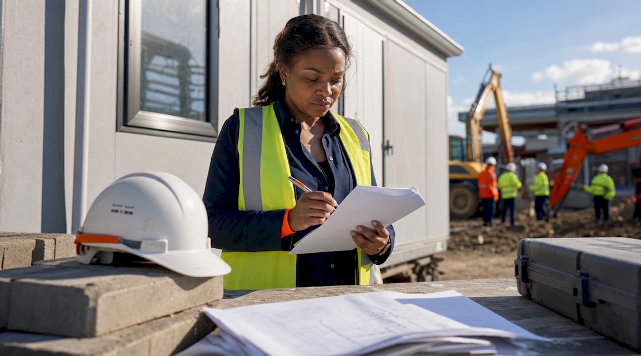 Construction manager reviewing task lists onsite