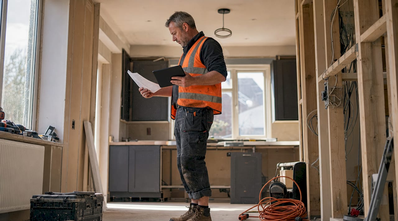 Electrician reviewing workflow checklist on site