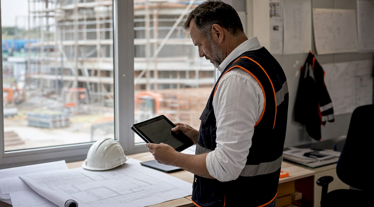 Site manager reviewing construction tasks on tablet