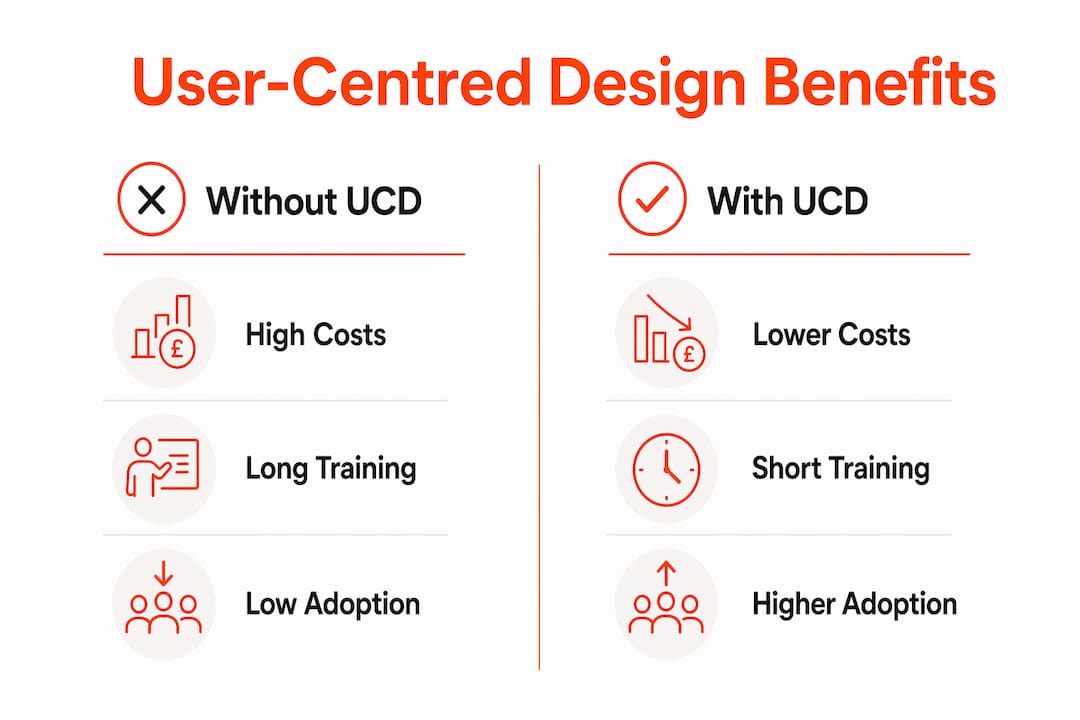 Infographic comparing benefits with and without user-centred design