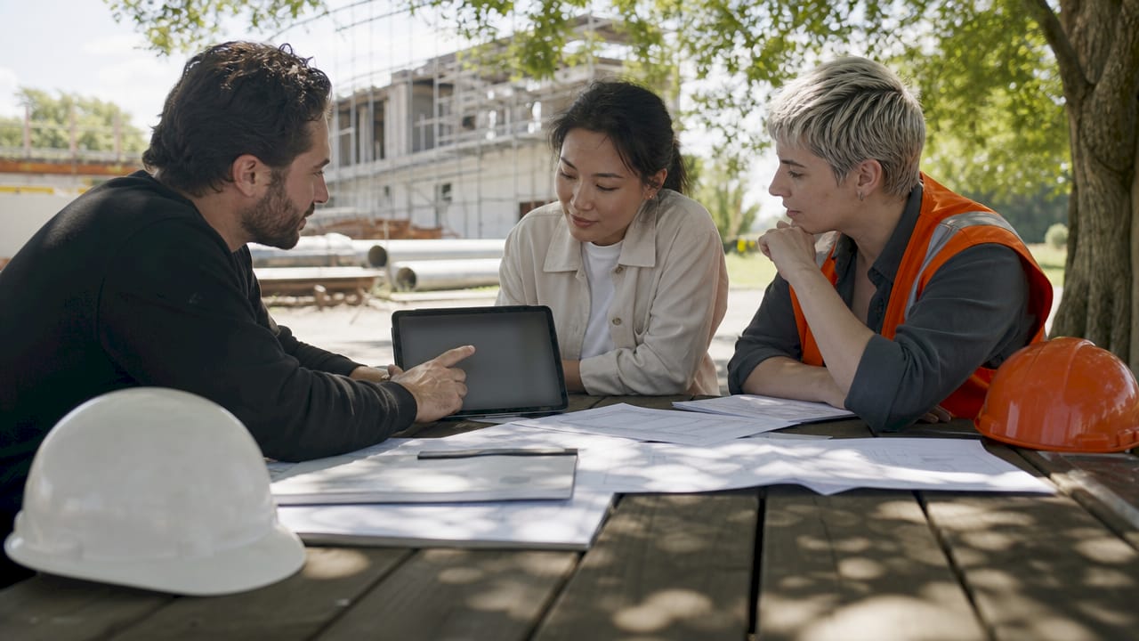 Construction team collaborating around digital project dashboard