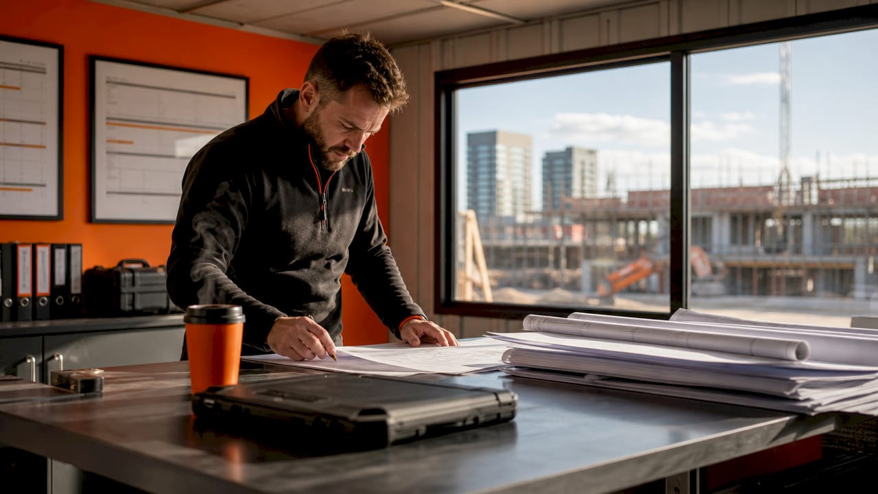 Construction manager reviewing project documents at desk