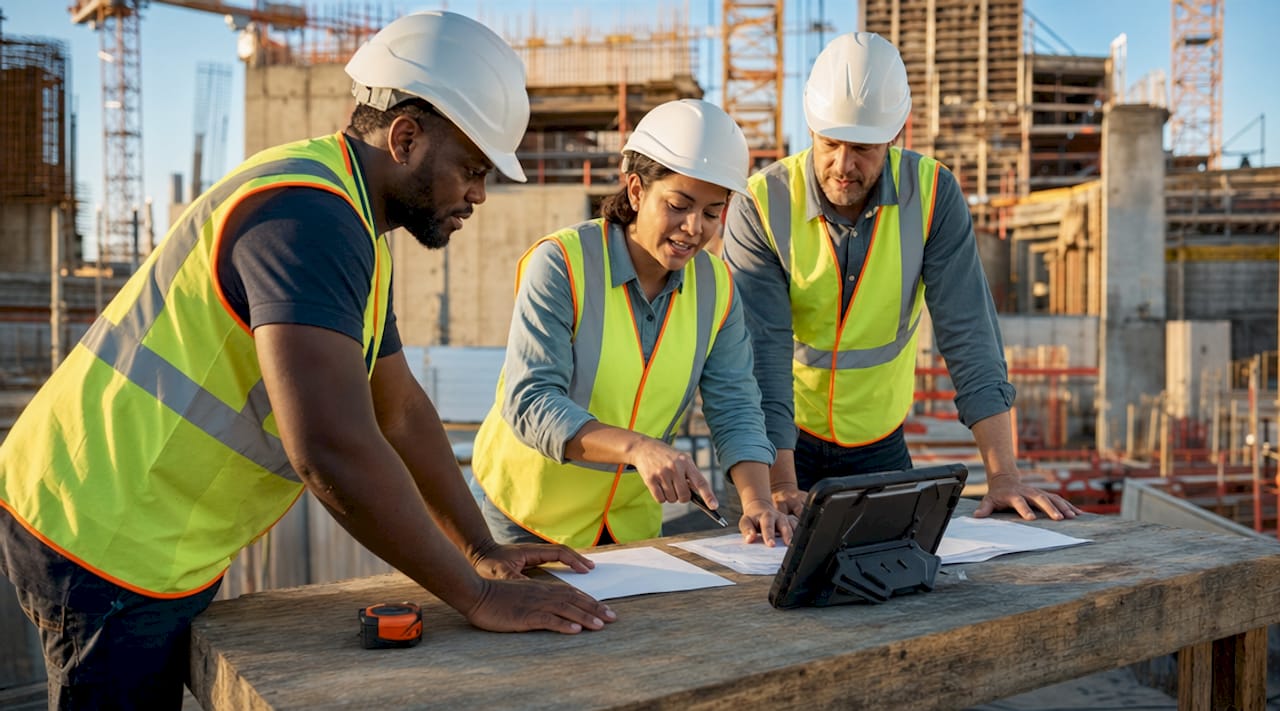 Construction team discussing documents on site