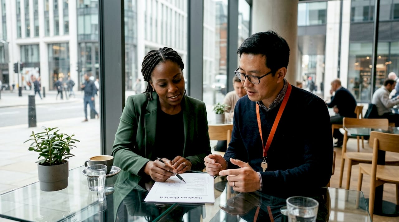 Project managers reviewing checklist in meeting room