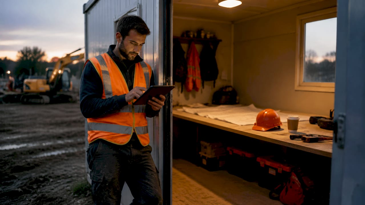 Engineer using tablet in site trailer office