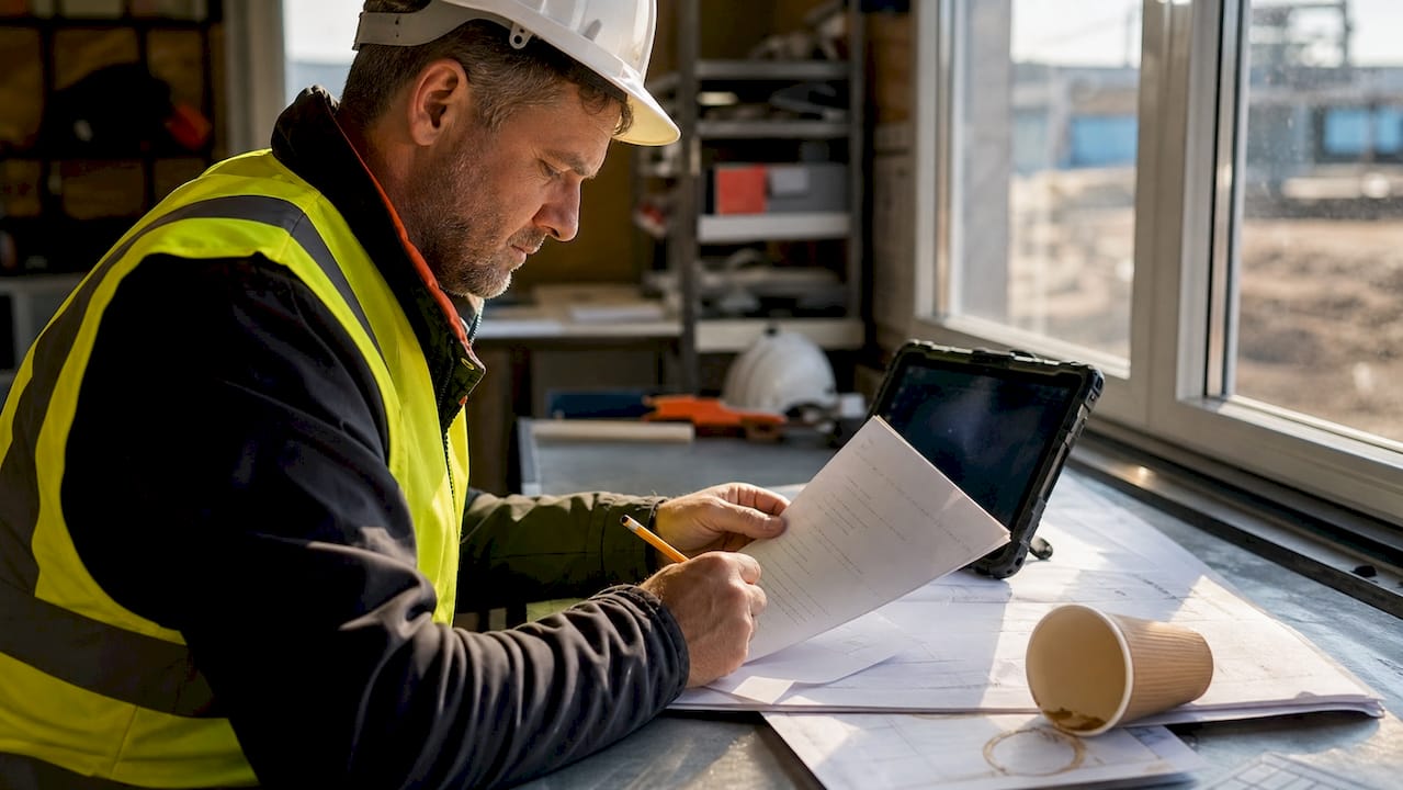 Construction manager reviewing meeting agenda papers