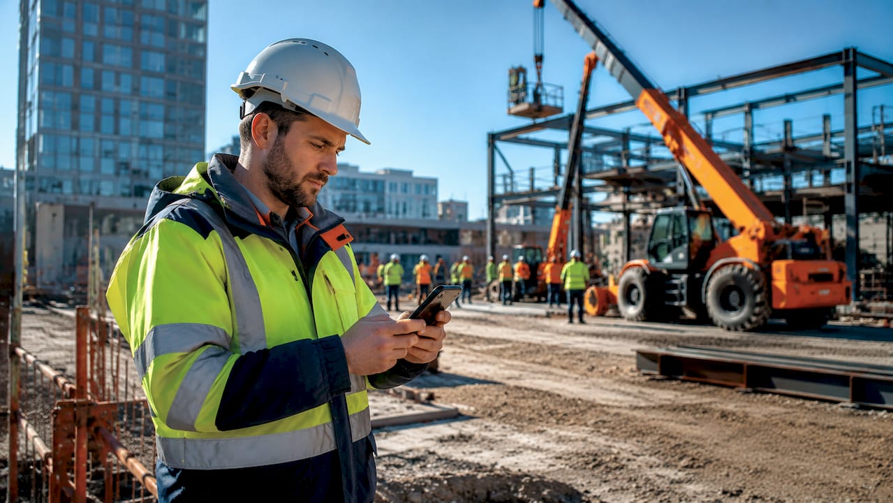 Construction manager using smartphone task tracking on site