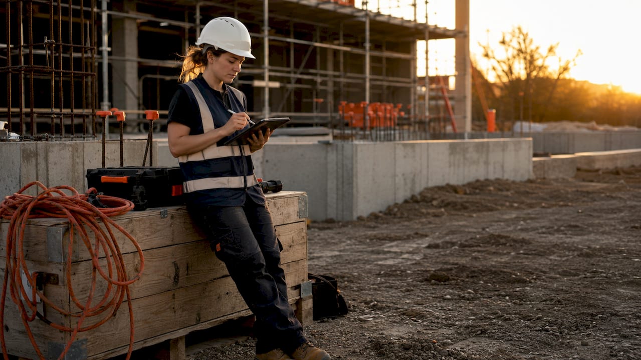 Female engineer capturing task data on tablet at site