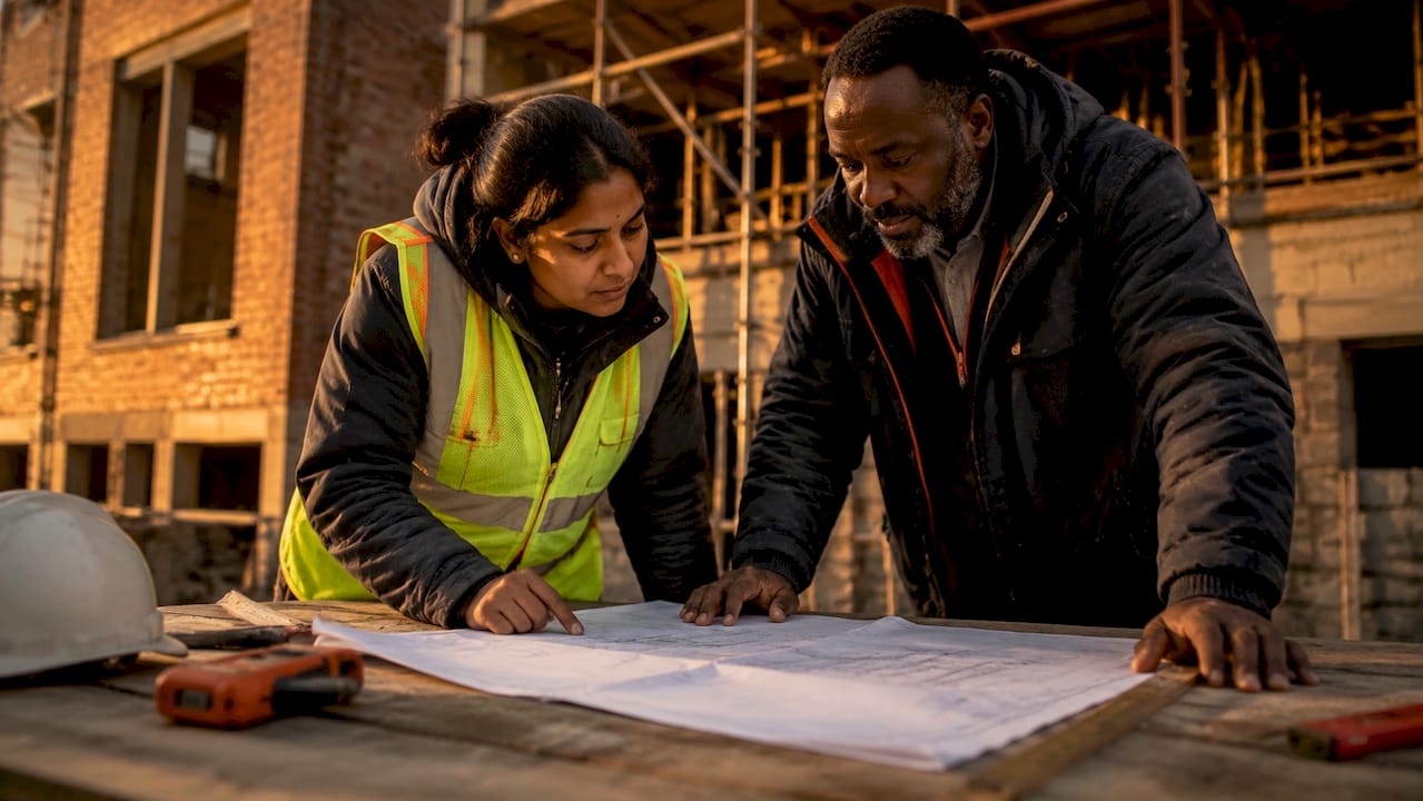 Construction team reviewing site meeting agenda outdoors
