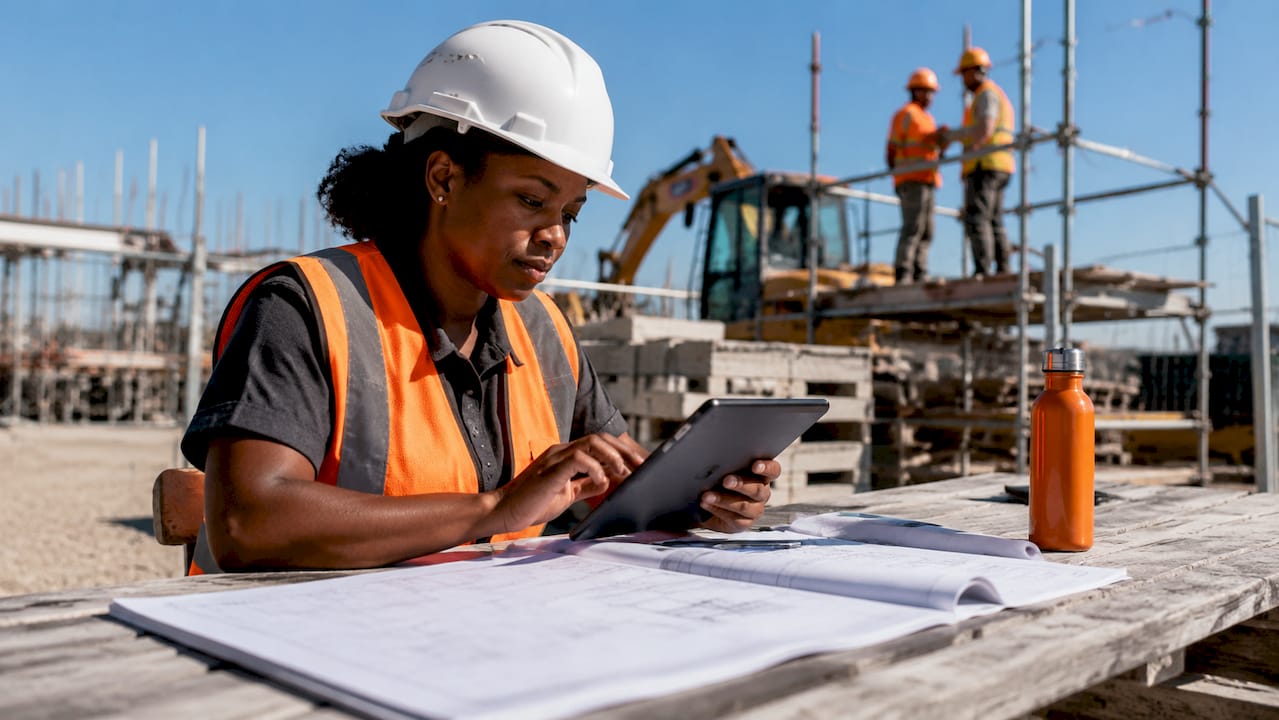 Construction manager working on tablet outdoors