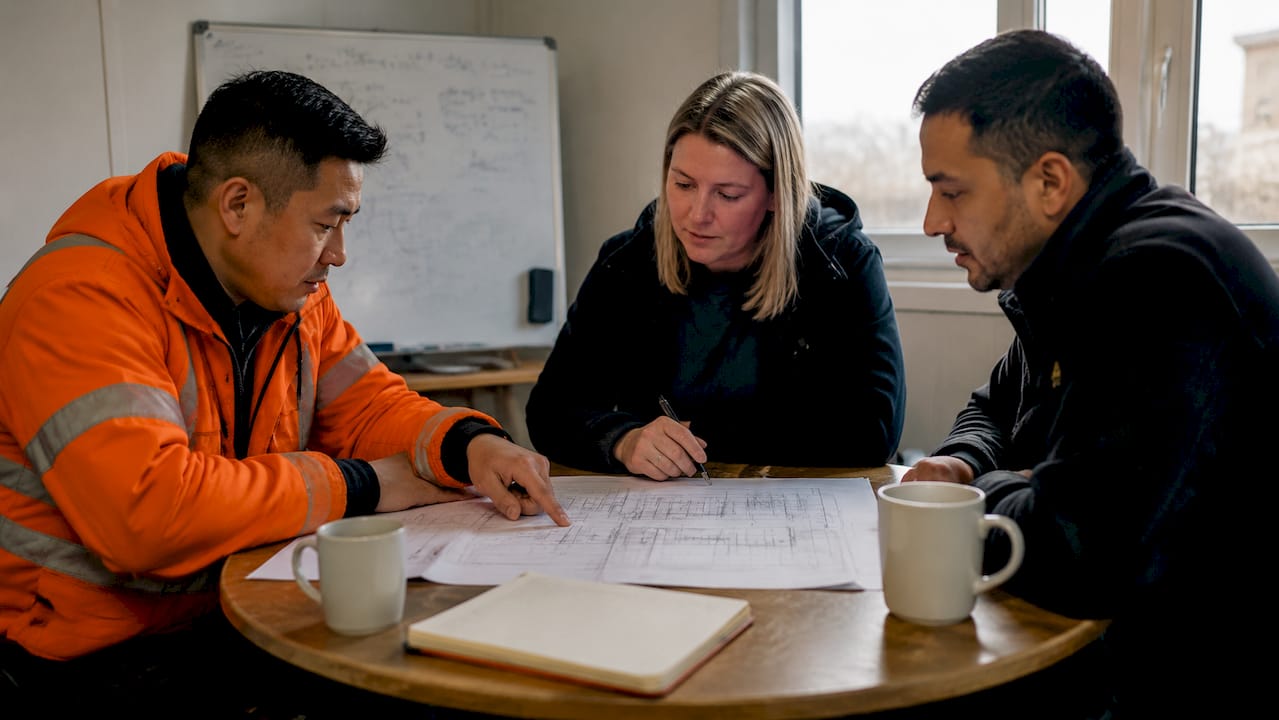 Construction team planning at meeting table