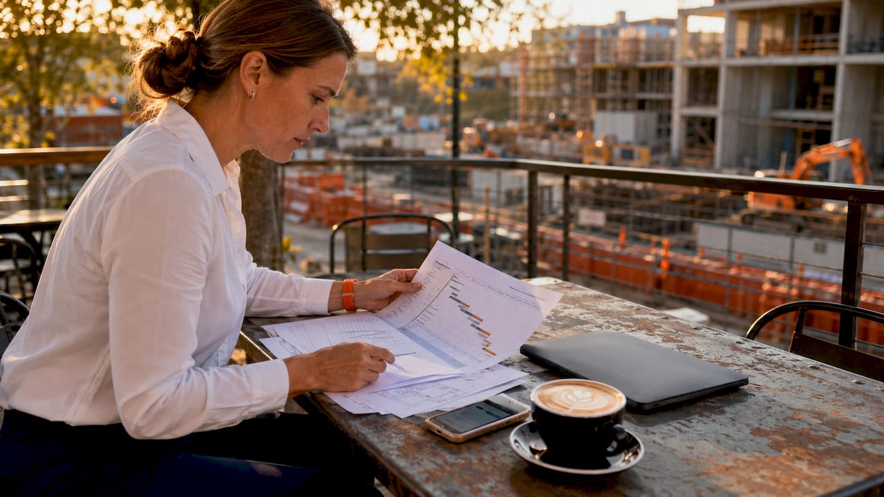 Project planner reviewing construction schedule at desk
