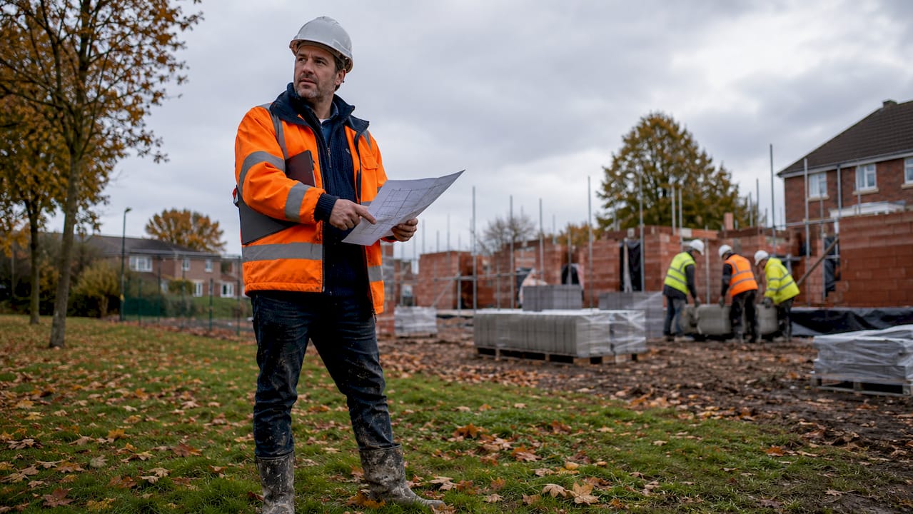 Site manager reviewing construction schedule outdoors