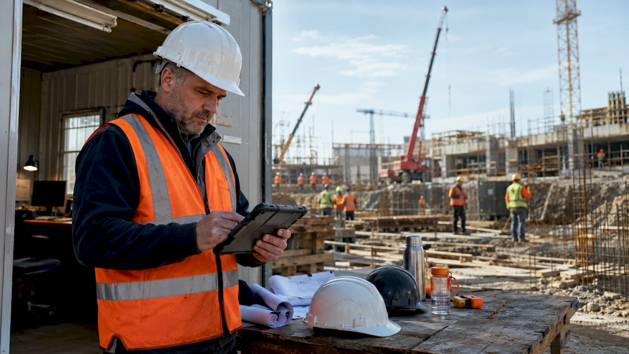 Construction manager using tablet on site