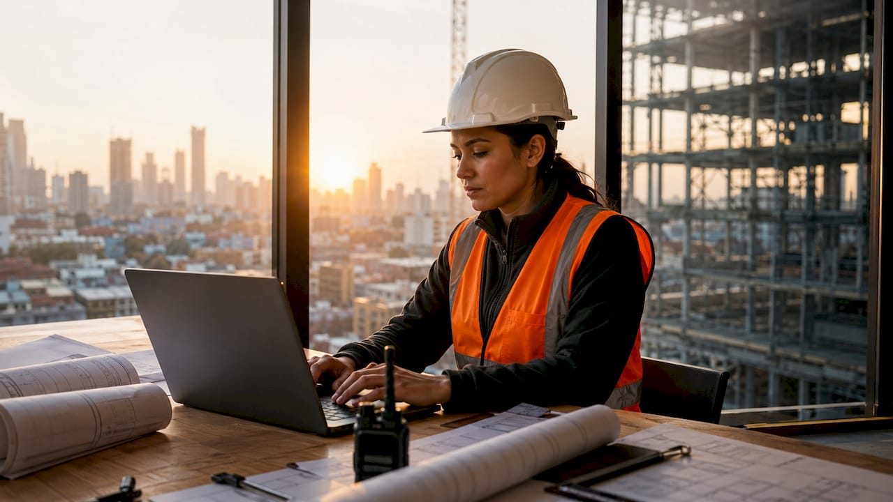 Female engineer video calling on rooftop site