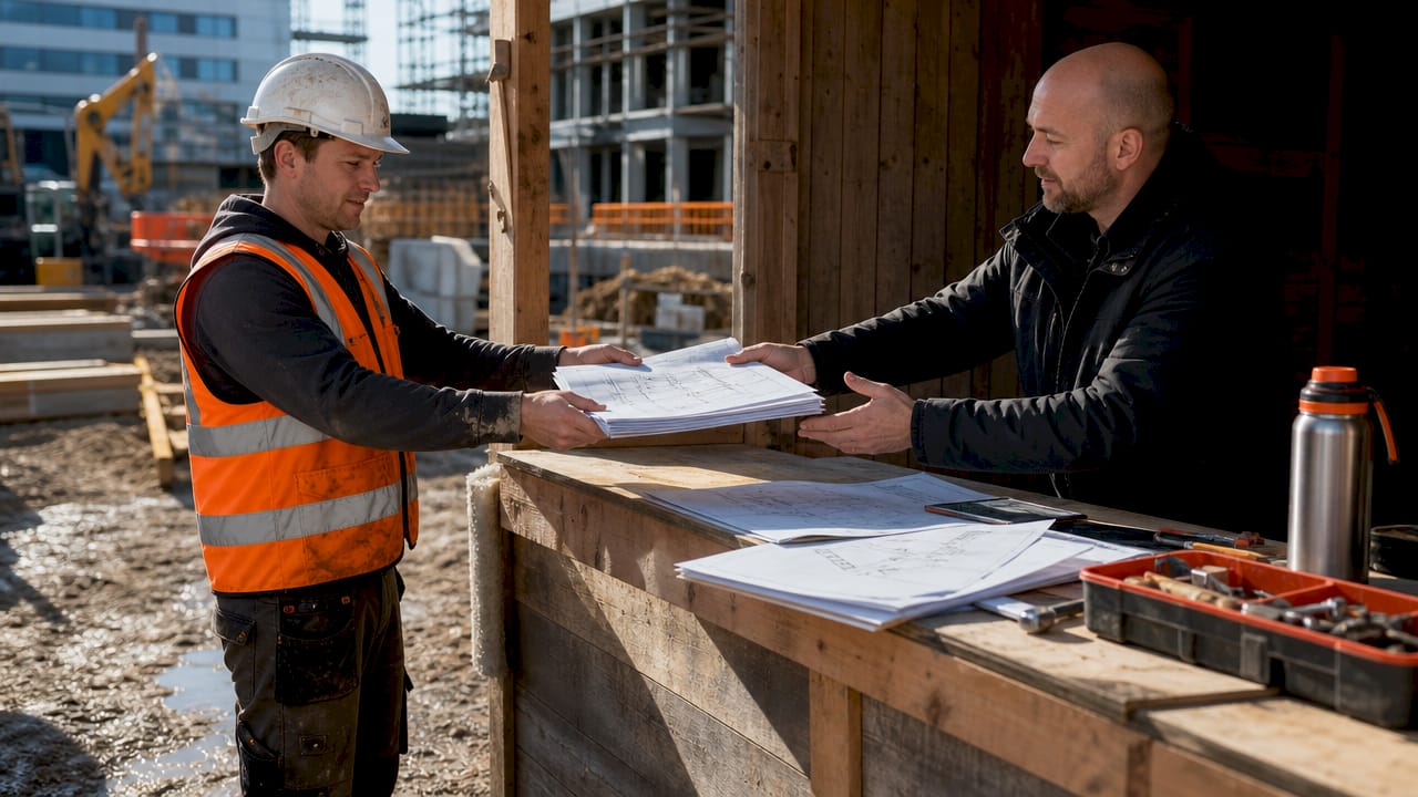Hands exchanging construction drawings indoors