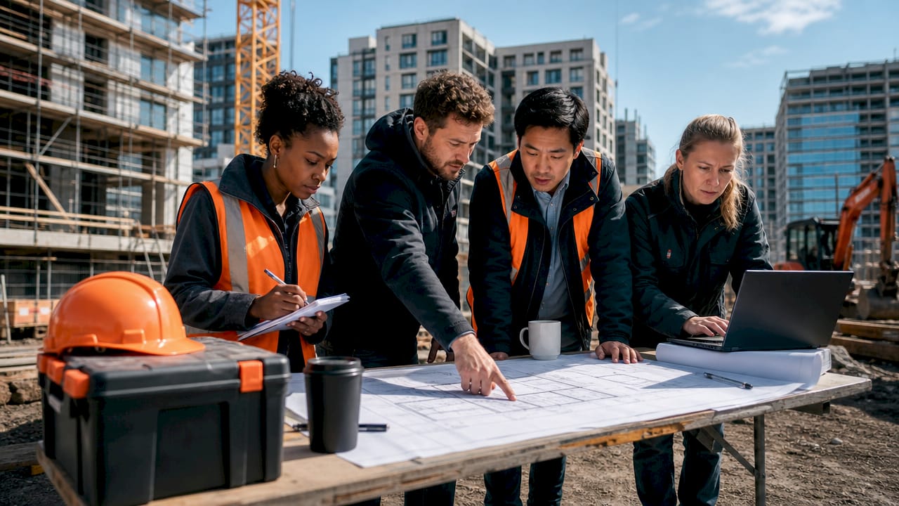 Construction team collaborating around blueprints on site