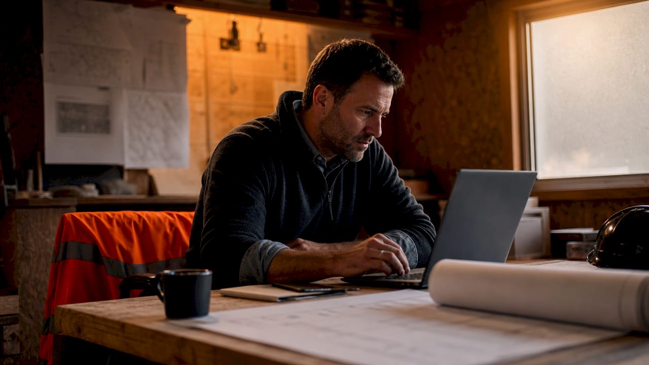 Construction manager reviewing AI action items on laptop
