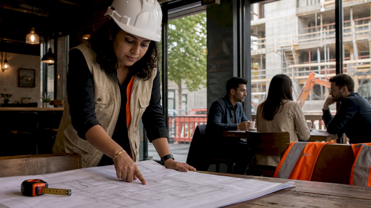 Subcontractor reviewing blueprints onsite